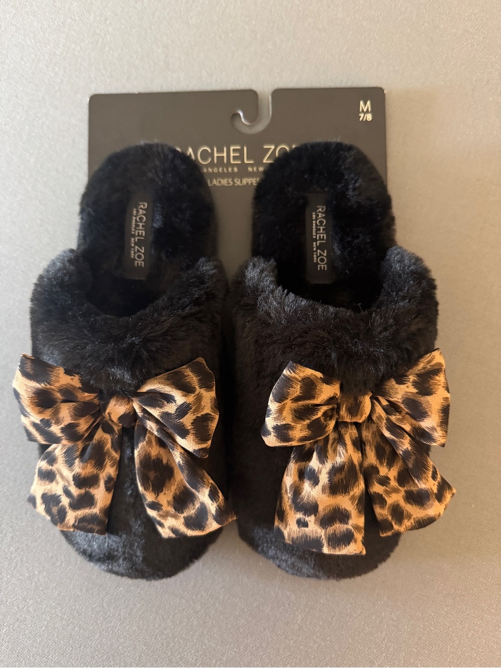 Rachel Zoe Black Faux Fur Slippers with Leopard Print Bow Accents